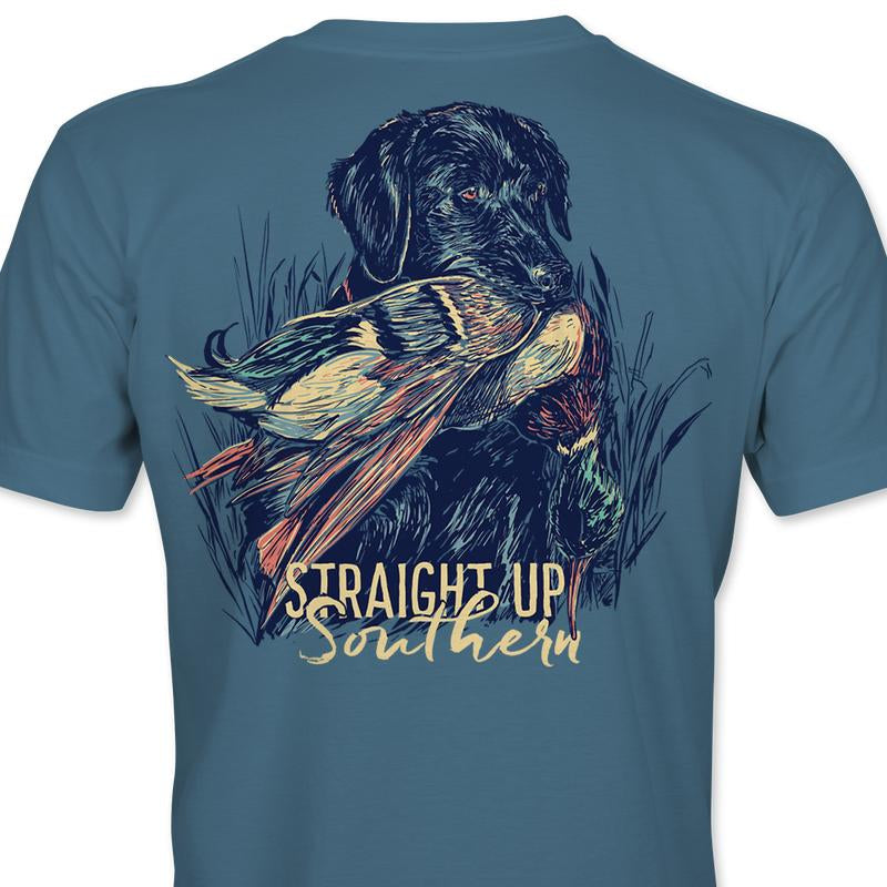 Lab with Mallard - Black Lab Retrieving Mallard T-Shirt - Indigo