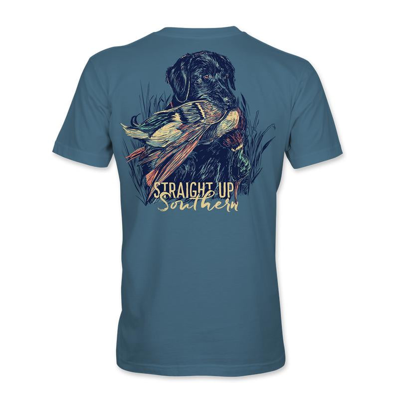 Lab with Mallard - Black Lab Retrieving Mallard T-Shirt - Indigo