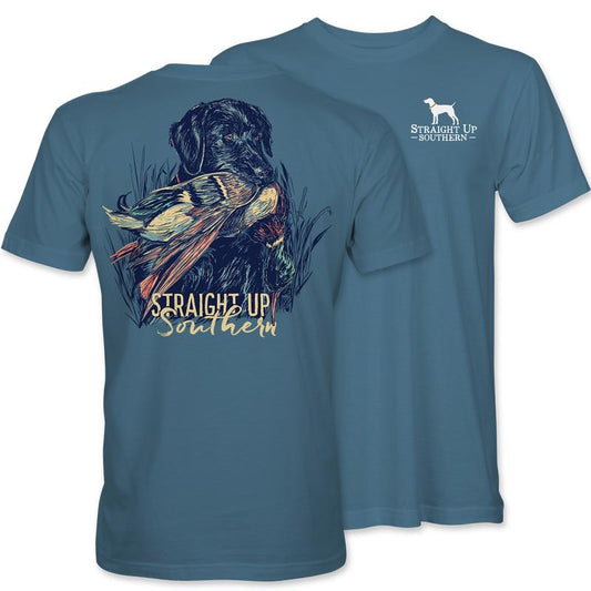 Lab with Mallard - Black Lab Retrieving Mallard T-Shirt - Indigo